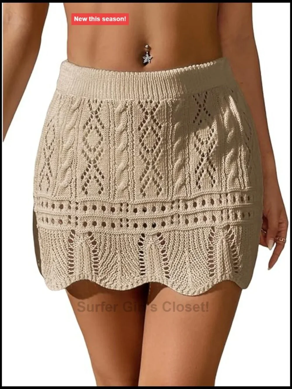 Women's Hollow Out Knit Scalloped Elastic Waist Swim Cover Up Mini Skirt